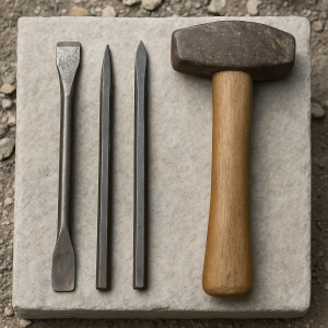 Overhead View of Stonework Tools on a Gravel Surface